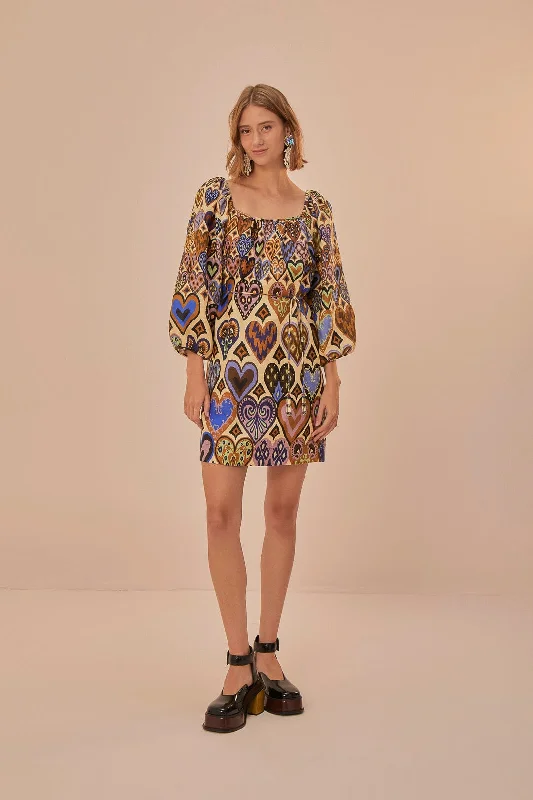 Cream Hearts Ikat Long Sleeve Mini Dress Classic Black Mini Dress