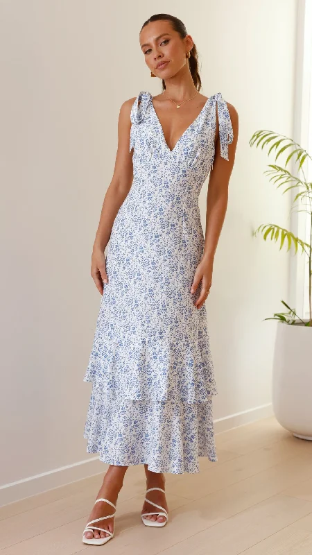 Idana Maxi Dress - Blue Floral Stylish Long Sleeve Maxi Dress
