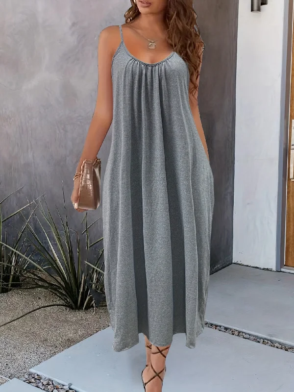 IKEARLAX Charming Solid Pocketed Spaghetti Strap Maxi Dress - Lightweight & Flowy Summer Cami Style - Adjustable Straps for Versatile Wear - Perfect Casual or Formal Womens Clothing Fashionable Layered Maxi Dress