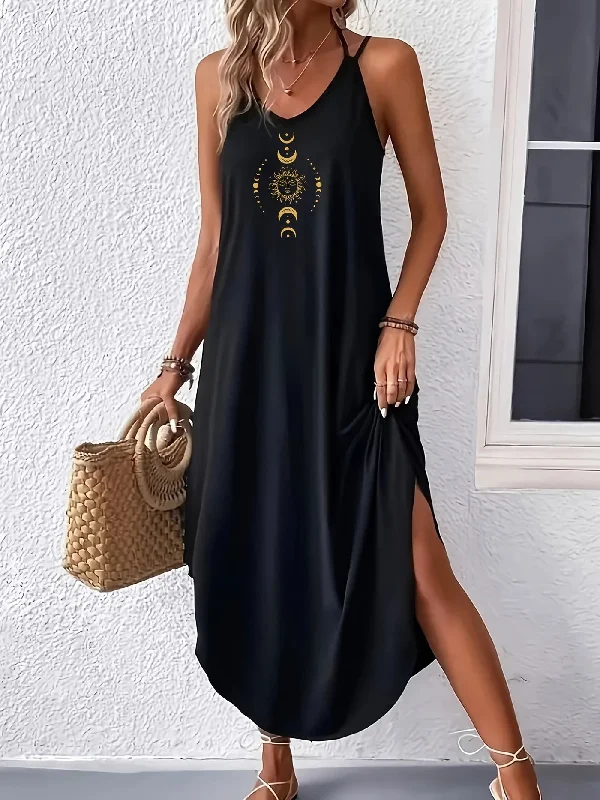 IKEARLAX Curvy Hem Cami Dress - Sleek Sleeveless Design, Delicate Spaghetti Strap Detailing, Comfortable Loose Fit for a Relaxed Silhouette, Flowing Maxi Dress Style - Exclusively Designed for Women, Unique Moon Print Pattern, Womens Clothing Cozy Knit Maxi Dress