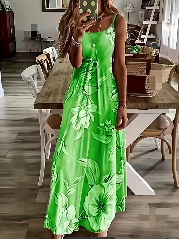 IKEARLAX Elegant Summer Floral Maxi Dress - Stretchy Knit, Spaghetti Strap, Perfect for Vacation & Casual Wear Comfortable Cotton Maxi Dress