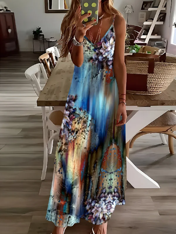 IKEARLAX Womens Ombre Floral Maxi Dress - Breezy Spaghetti Straps - Perfect for Beach Vacations and Summer Outings Trendy Ruffled Maxi Dress