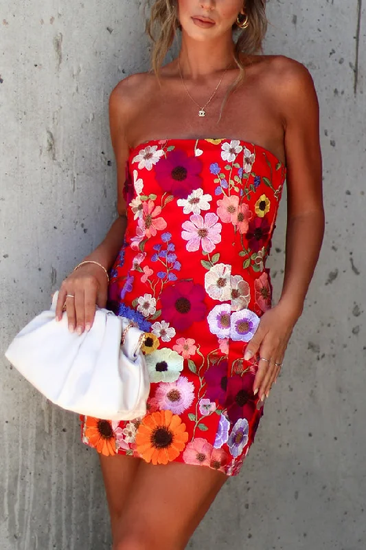IMANI STRAPLESS FLORAL APPLIQUE MINI DRESS Trendy Mesh Mini Dress