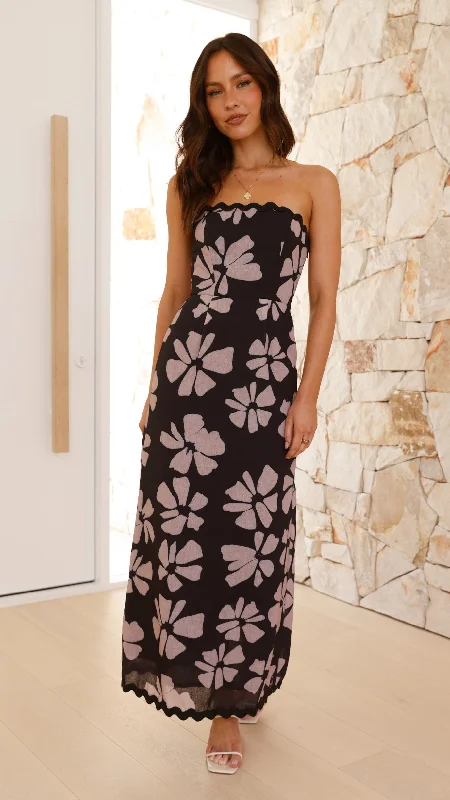 Indikah Maxi Dress - Black/Beige Floral Cozy Open-Back Maxi Dress