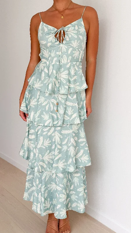 Jadey Maxi Dress - Green Floral Fashionable High-Low Maxi Dress
