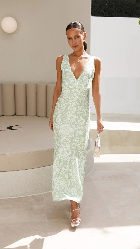 Julietta Maxi Dress - Green Floral Elegant Lace-Up Maxi Dress