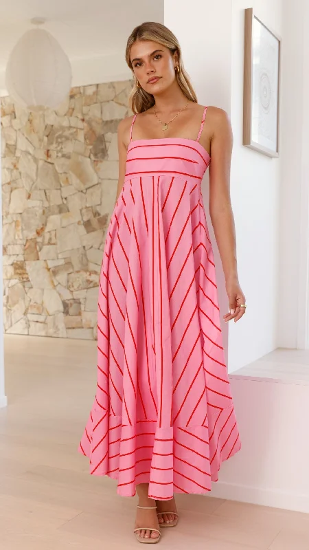 Kaethe Maxi Dress - Pink / Red Stripe Casual Maxi Dress with Pockets