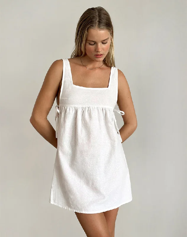 Kawase Tie Side Mini Dress in Linen White Modern Satin Mini Dress