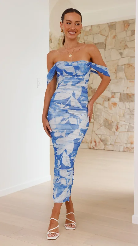 Kylie Maxi Dress - Blue Floral Fashionable Maxi Dress with Fringe