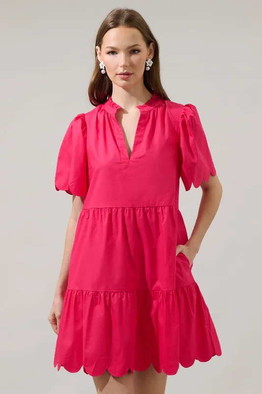 Kyra Poplin Tiered Scallop Mini Dress Trendy Mini Dress with Belt