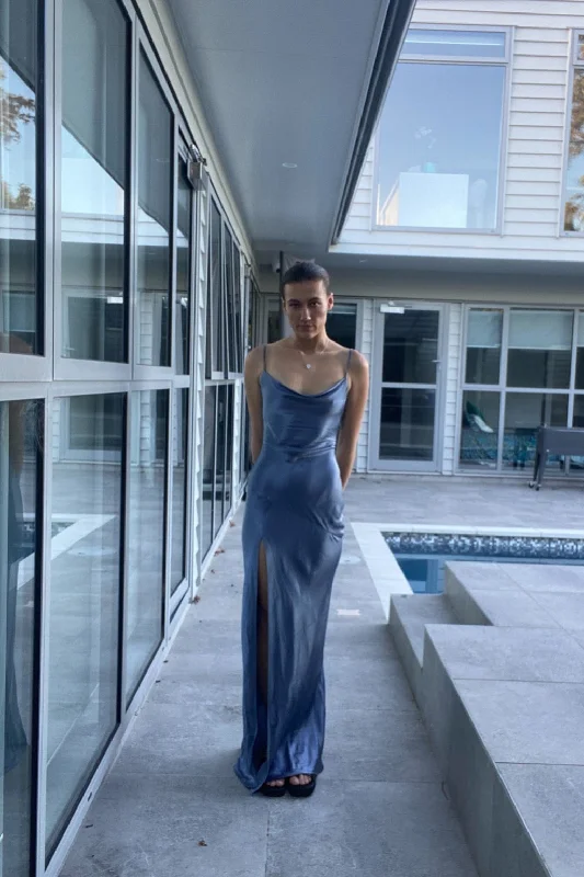 LA LUNE BIAS MAXI DRESS (BLUE SMOKE) Trendy Off-Shoulder Ruffle Maxi Dress