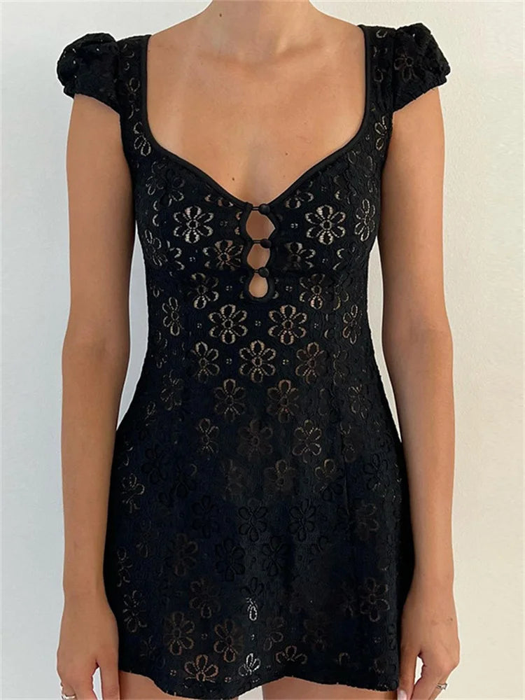 Lace Floral V-neck A-Line Mini Dresses Elegant Tulle Mini Dress
