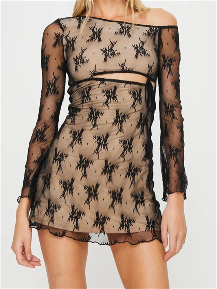 Lace Patchwork Off Shoulder Mini Dresses Trendy Crossover Mini Dress