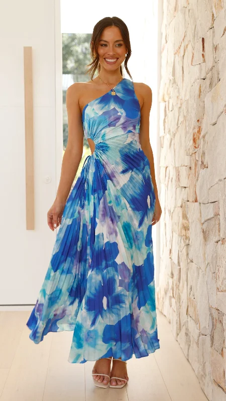 Laken Maxi Dress - Blue Floral Fashionable Asymmetrical Maxi Dress