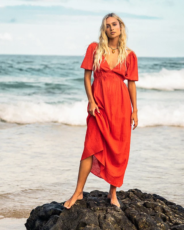 Love Fade Puff Sleeve Maxi Dress - Sunset Red Cozy Maxi Dress with Slit