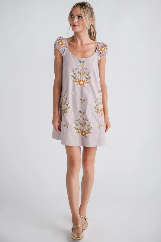 Mable Cap Ruched Sleeve Embroidered Mini Dress Elegant Mini Dress with Pleats
