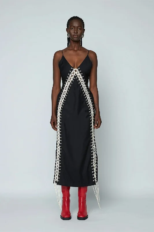 MACRAME MAXI DRESS-BLACK Fashionable Maxi Dress with Fringe