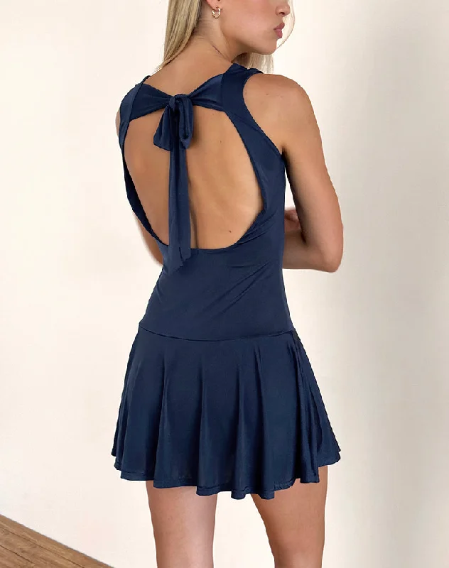 Maisha Open Back Bow Mini Dress in Slinky Navy Fashionable Pleated Mini Dress