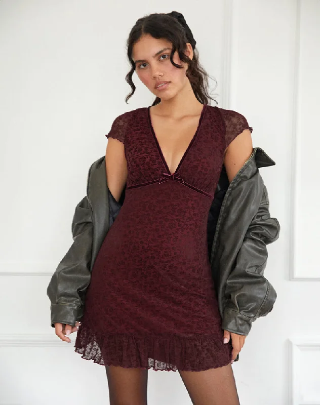 Melva Mini Dress in Ditsy Flock Burnt Maroon Chic Mini Dress with V-Neck