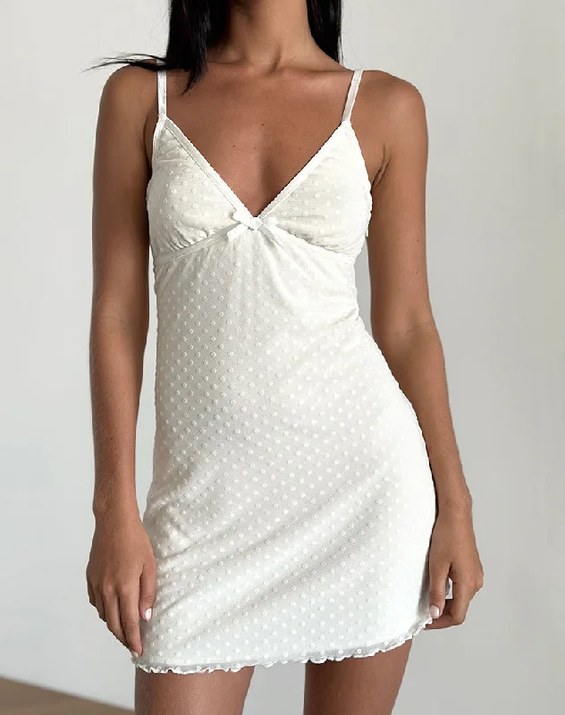 Mevila Cami Mini Dress in Ivory Polka Flock Stylish Ruffle Mini Dress