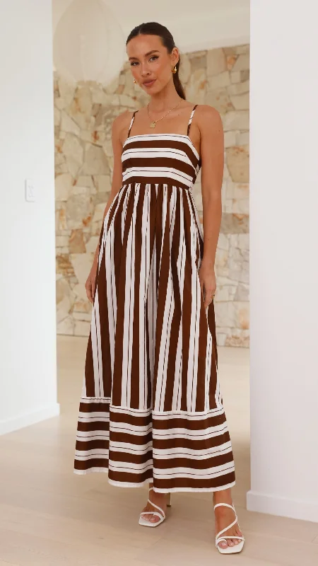 Nadie Maxi Dress - Chocolate / White Stripe Comfortable Plunging Neckline Maxi Dress
