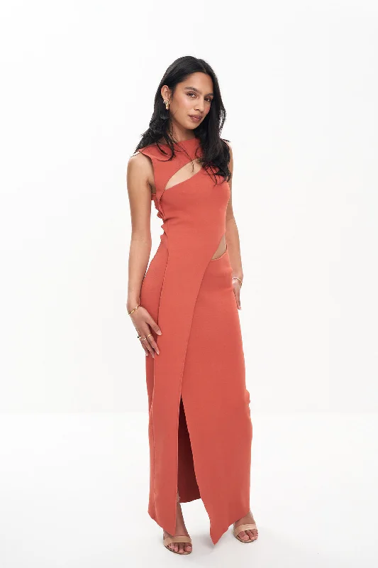 NADJA CUT OUT MAXI DRESS (CORAL) Cozy Knitted Maxi Dress