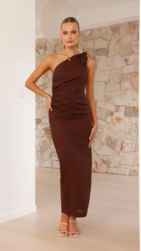 Nahilla One Shoulder Maxi Dress - Chocolate Trendy Off-Shoulder Ruffle Maxi Dress
