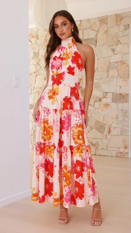 Najila Maxi Dress - Pink / Orange Floral Elegant Sleeveless Maxi Dress