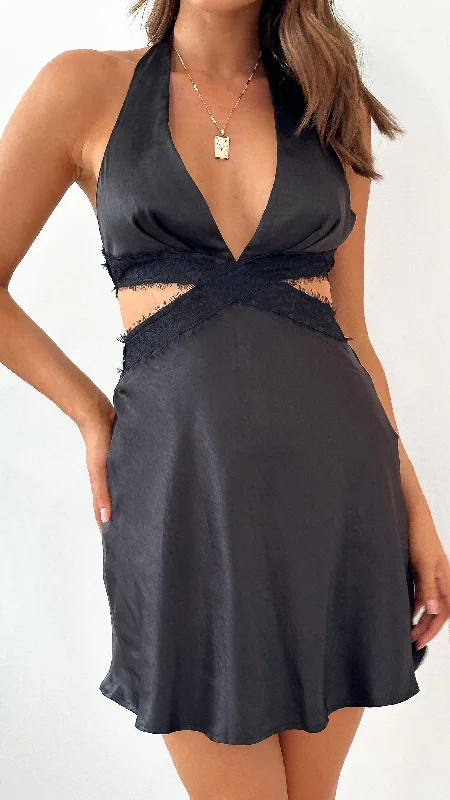 Natalie Mini Dress - Black/Black Lace Elegant Satin Mini Dress
