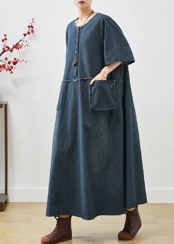 Natural Navy Oversized Pockets Denim Maxi Dresses Summer AP1074 Stylish Empire Waist Maxi Dress