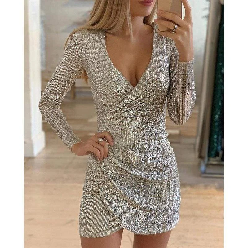 FashionSierra - New Fashion Long Sleeve Sequin Deep V-neck women slim fit mini dress Elegant Satin Lace Mini Dress FashionSierra - New Fashion Long Sleeve Sequin Deep V-neck women slim fit mini dress Elegant Satin Lace Mini Dress