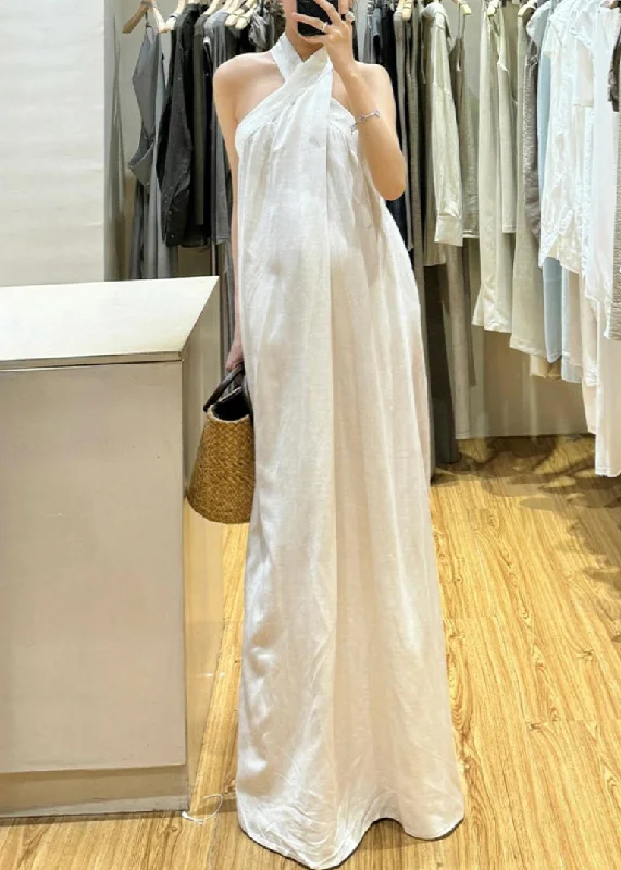 New White Cold Shoulder Solid Cotton Maxi Dresses Sleeveless EE011 Stylish Maxi Dress with Frills
