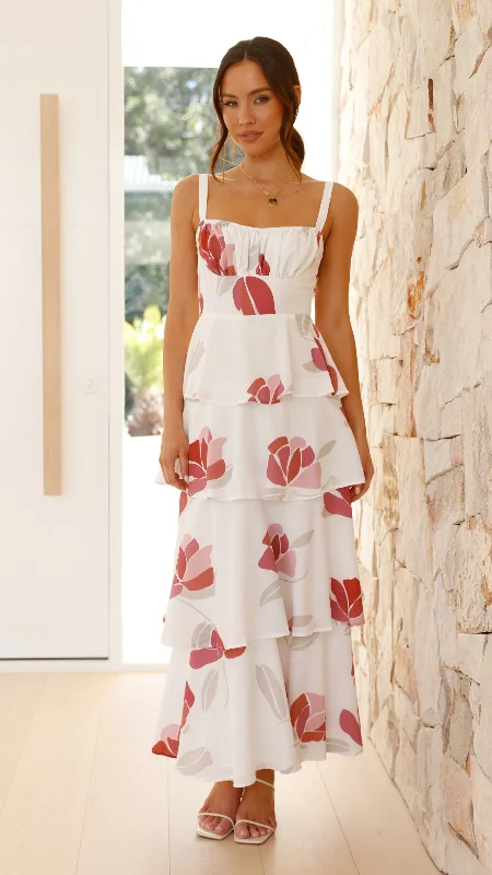 Odilia Maxi Dress - White/Pink Floral Elegant Lace-Up Maxi Dress