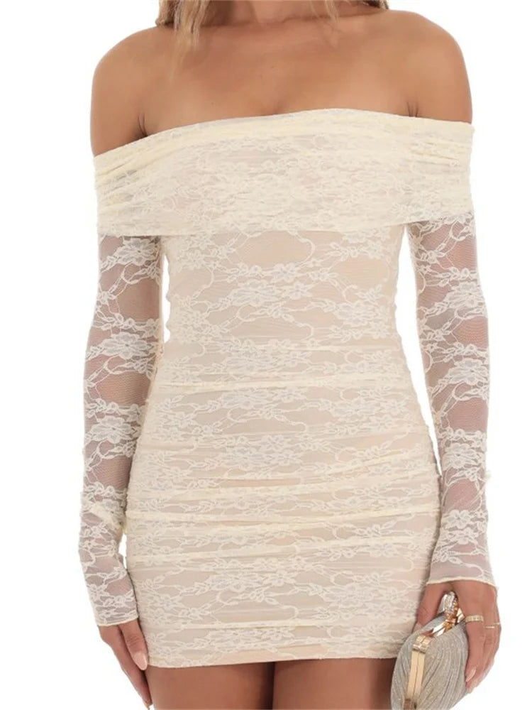 Off Shoulder Lace Long Sleeve Bodycon Mini Dresses Cozy Knit Mini Dress