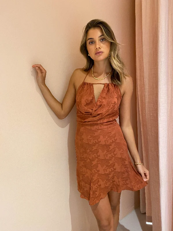 One Fell Swoop Billie Mini Dress in Rust Brocade Elegant Velvet Mini Dress