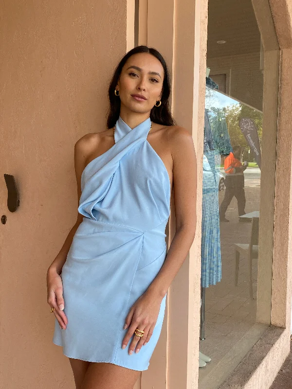 One Fell Swoop Zion Mini Dress in Arctic Blue Trendy Off-Shoulder Dress Mini