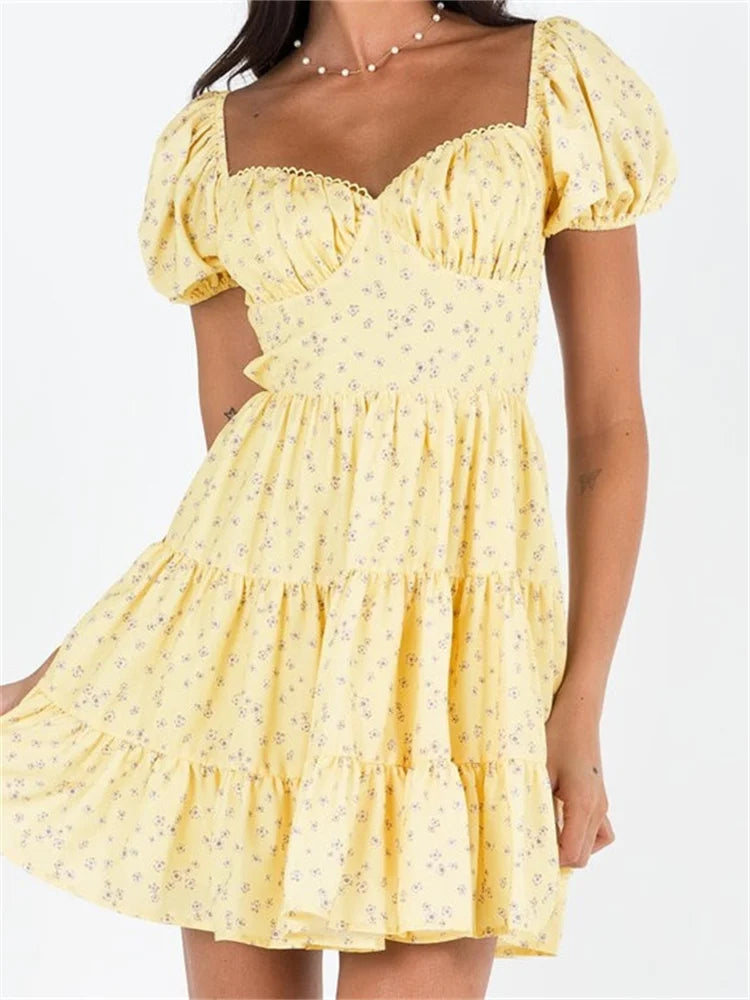Playful Floral Print Puff Sleeve Mini Dresses Classic Casual Mini Dress