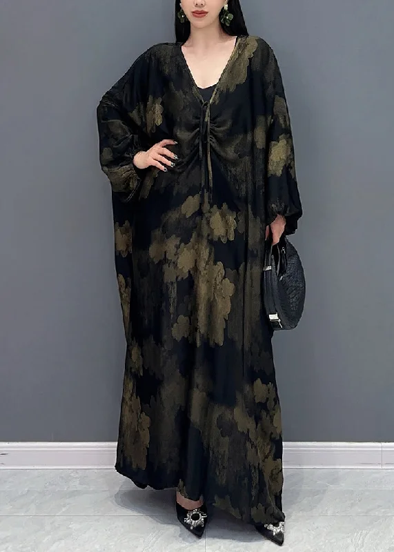 Plus Size Black V Neck Print Holiday Maxi Dress Long Sleeve AO1068 Fashionable Sleeveless Maxi Dress
