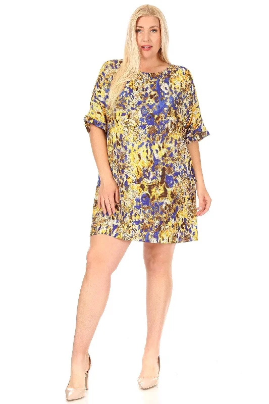 Plus Size Multi Color leopard Print Tee Shirt Mini Dress Casual Mini Dress with Pockets