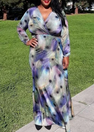 Hi Curvy Plus Size Women Unique Print Overlap Wrap Maxi Dress Fashionable Chiffon Maxi Dress