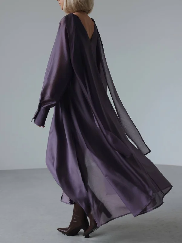 Purple Silk Tie-Neck Maxi Dress Comfortable Casual Maxi Dress