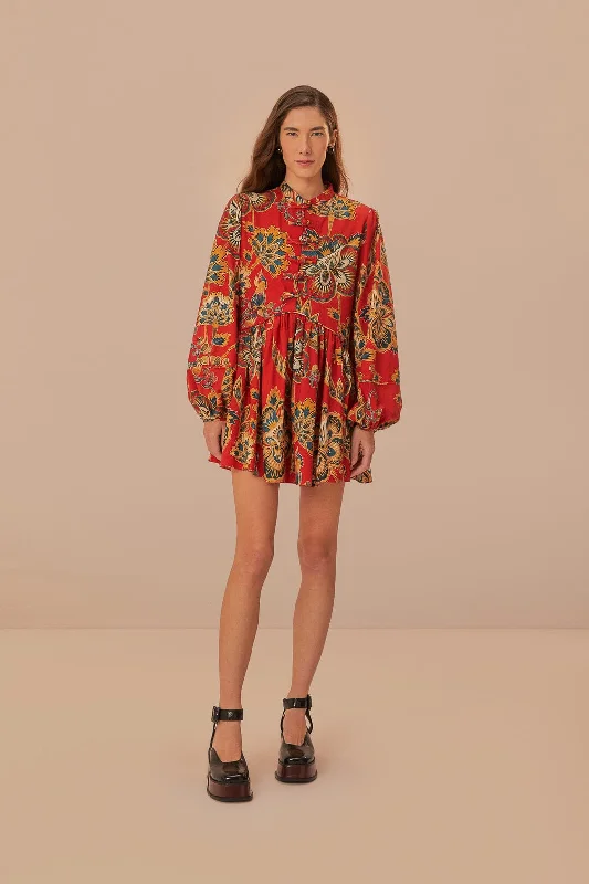 Red Maxi Floral Long Sleeve Mini Dress Cozy A-Line Mini Dress