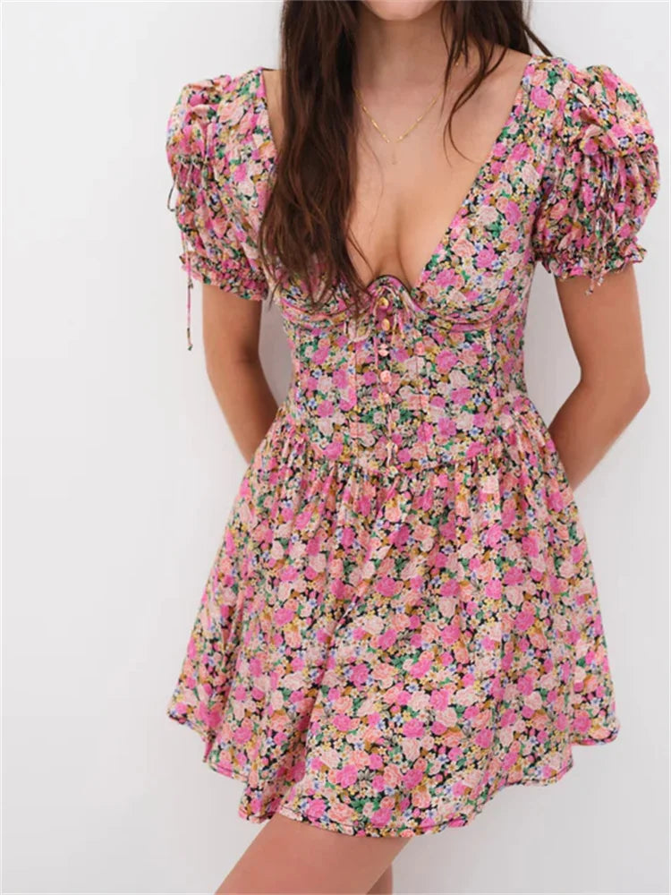 FashionSierra - Retro Floral Print Deep V Neck Backless Tie Up Mini Dress Classic Floral Mini Dress FashionSierra - Retro Floral Print Deep V Neck Backless Tie Up Mini Dress Classic Floral Mini Dress