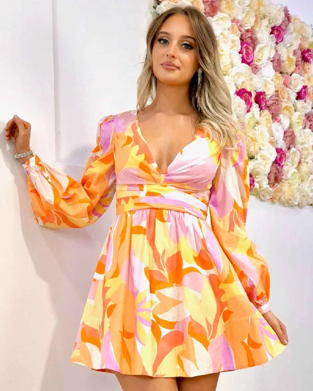 Rhea Mini Dress - Yellow Print Stylish Short-Sleeve Mini Dress