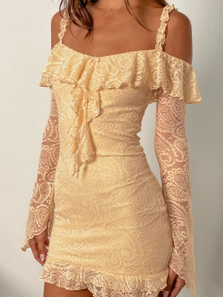 Romantic Lace Off-Shoulder Ruffled Mini Dresses Casual Mini Dress with Pockets