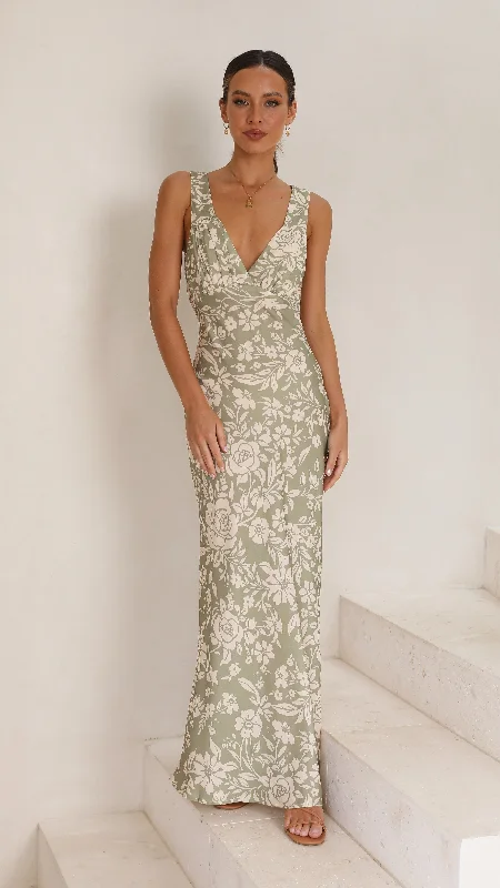 Rubie Maxi Dress - Green Floral Cozy Longline Maxi Dress