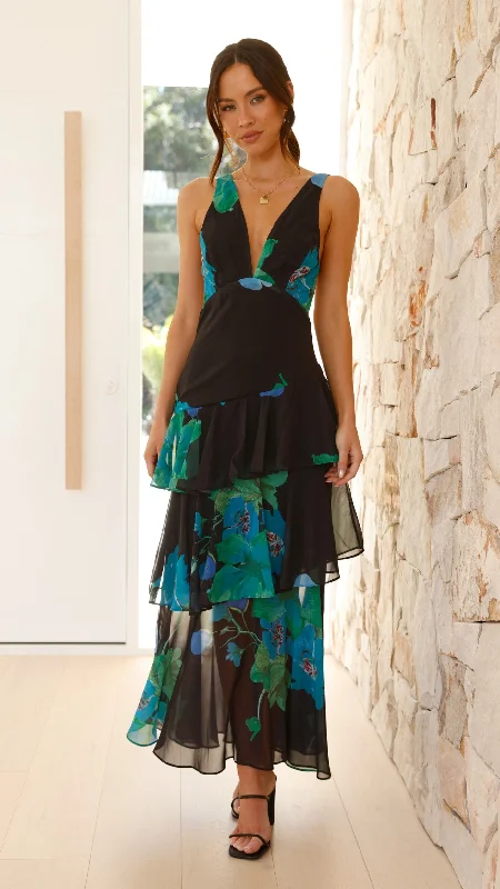 Sachiko Maxi Dress - Black / Green / Blue Floral Trendy Button Front Maxi Dress