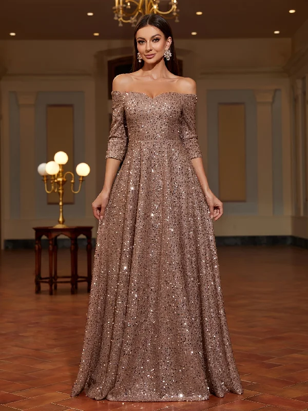 Sequined Sweetheart Neck Aline Dress, Elegant Off Shoulder Ruffle Hem Maxi Dress For Party & Banquet, Women's Clothing Stylish Maxi Dress with Pleats