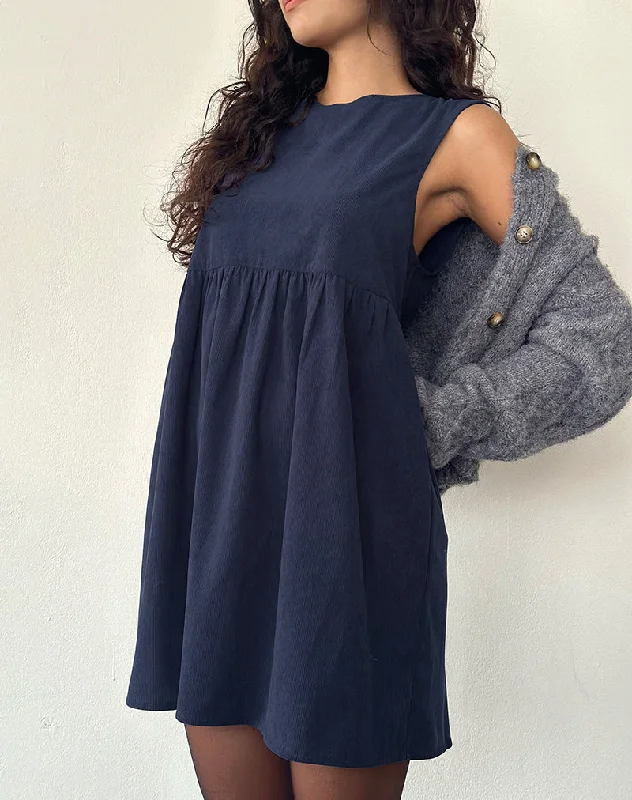 Sheba Mini Dress in Babycord Ink Blue Classic Solid Mini Dress