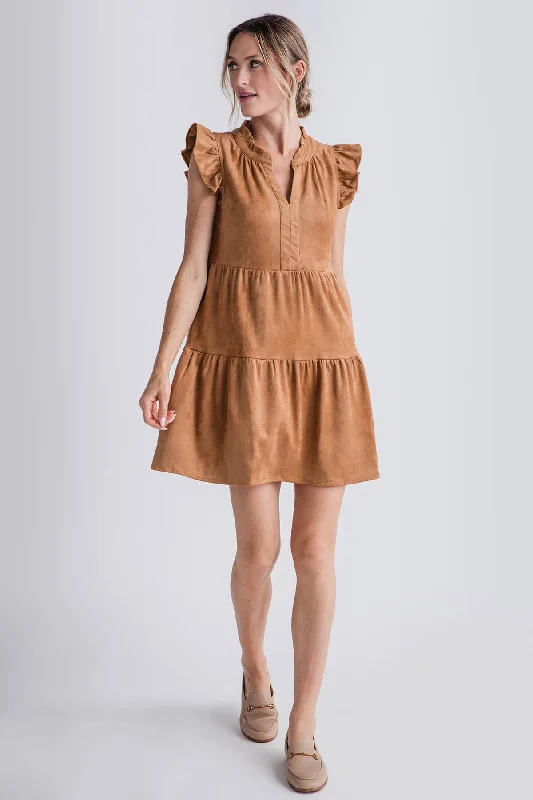Skies Are Blue Faux Suede Tiered Mini Dress Chic Puff Sleeve Mini Dress